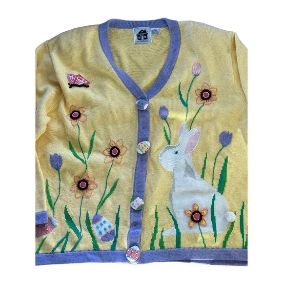 Storybook Knits Women Yellow Button Down Floral Rabbit Cardigan Plus Size 3X - Picture 2 of 7